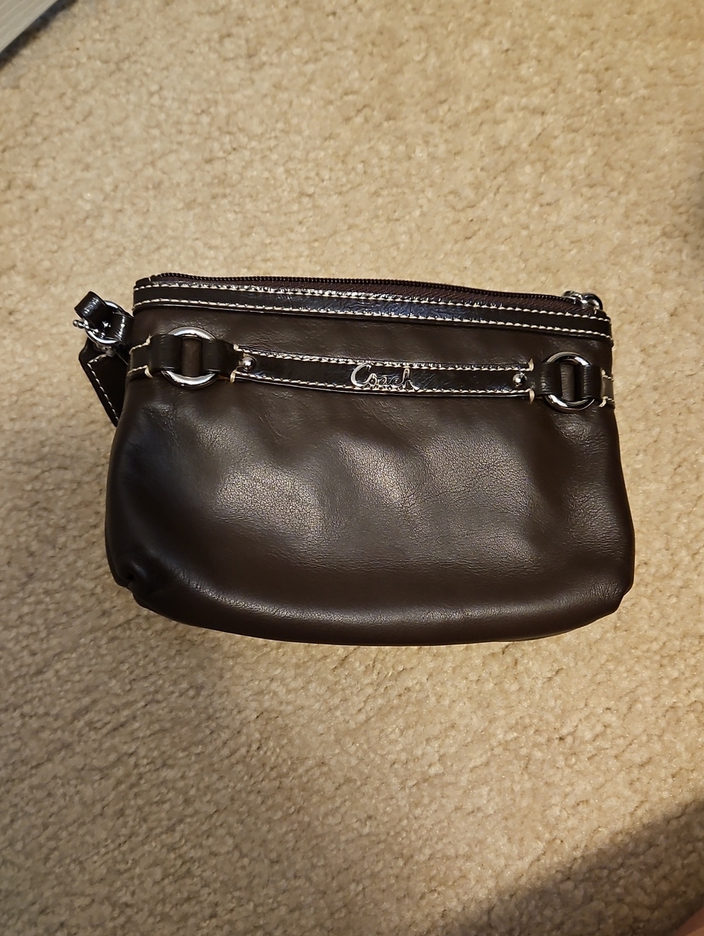 Coach Dark Brown Leather Wristlet with Silver Accents